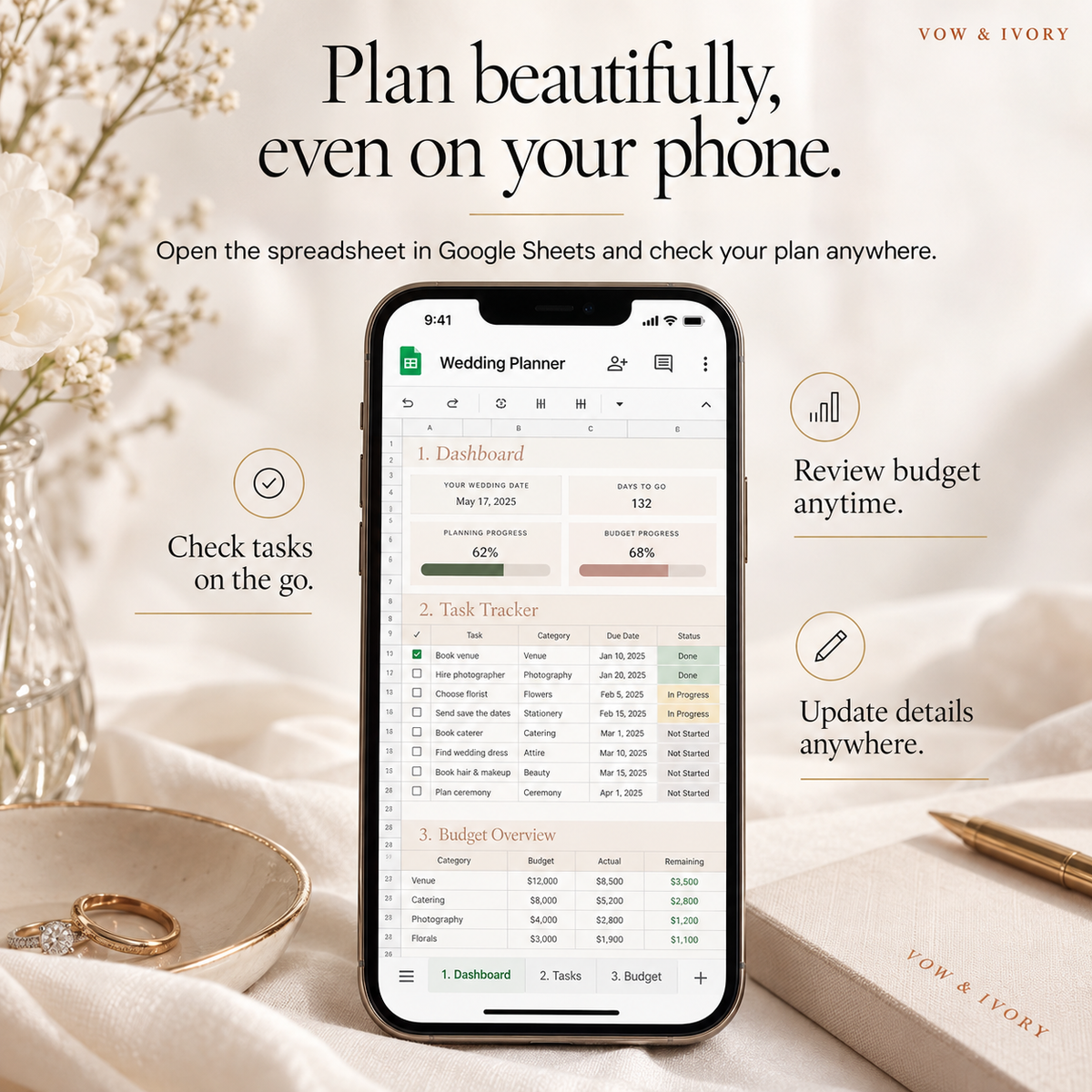 Wedding planner spreadsheet open in Google Sheets on a phone