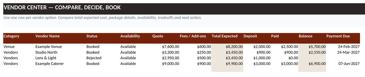 Vendor Center screenshot (example data)