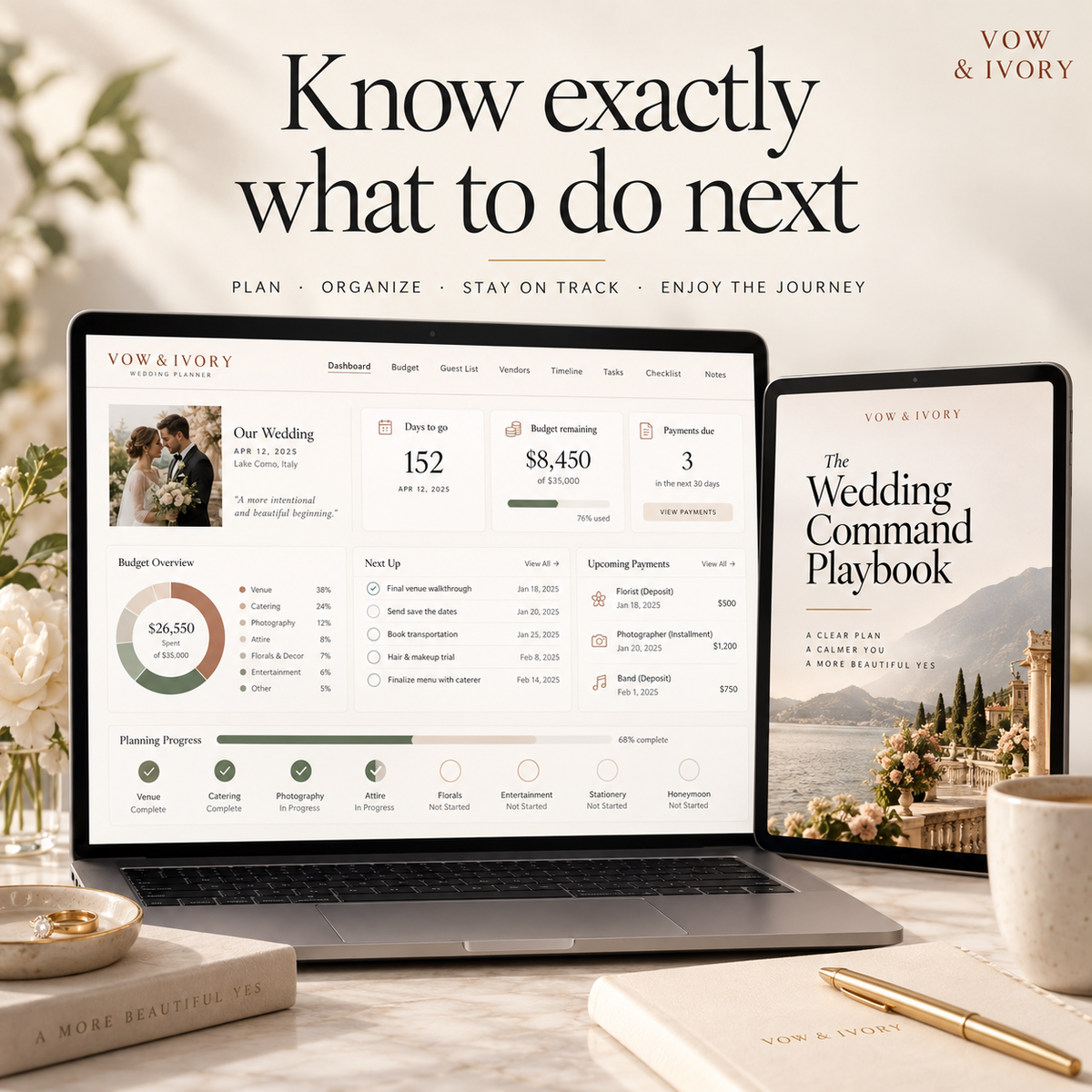 Wedding planner spreadsheet dashboard on a laptop and wedding planning playbook on a tablet