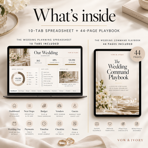 What's included: 10-tab wedding planner spreadsheet and 44-page planning playbook