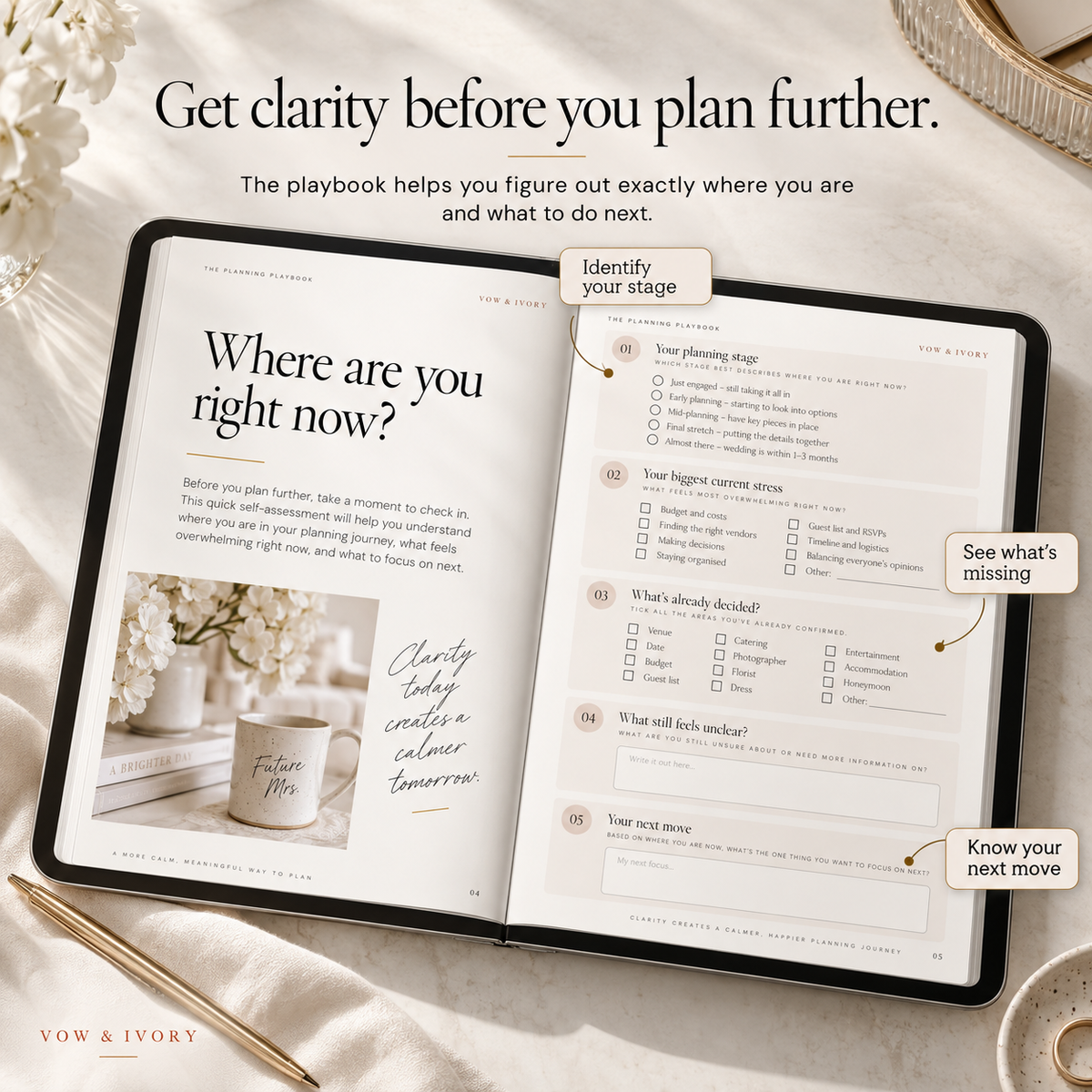 Wedding planning playbook page showing which chapters to read at each stage